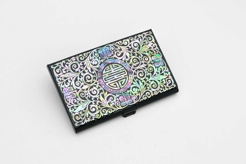 Mother of pearl Craft Business Card Case(foliage scrolls, Black)