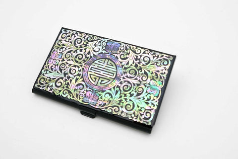 Mother of pearl Craft Business Card Case(foliage scrolls, Black)